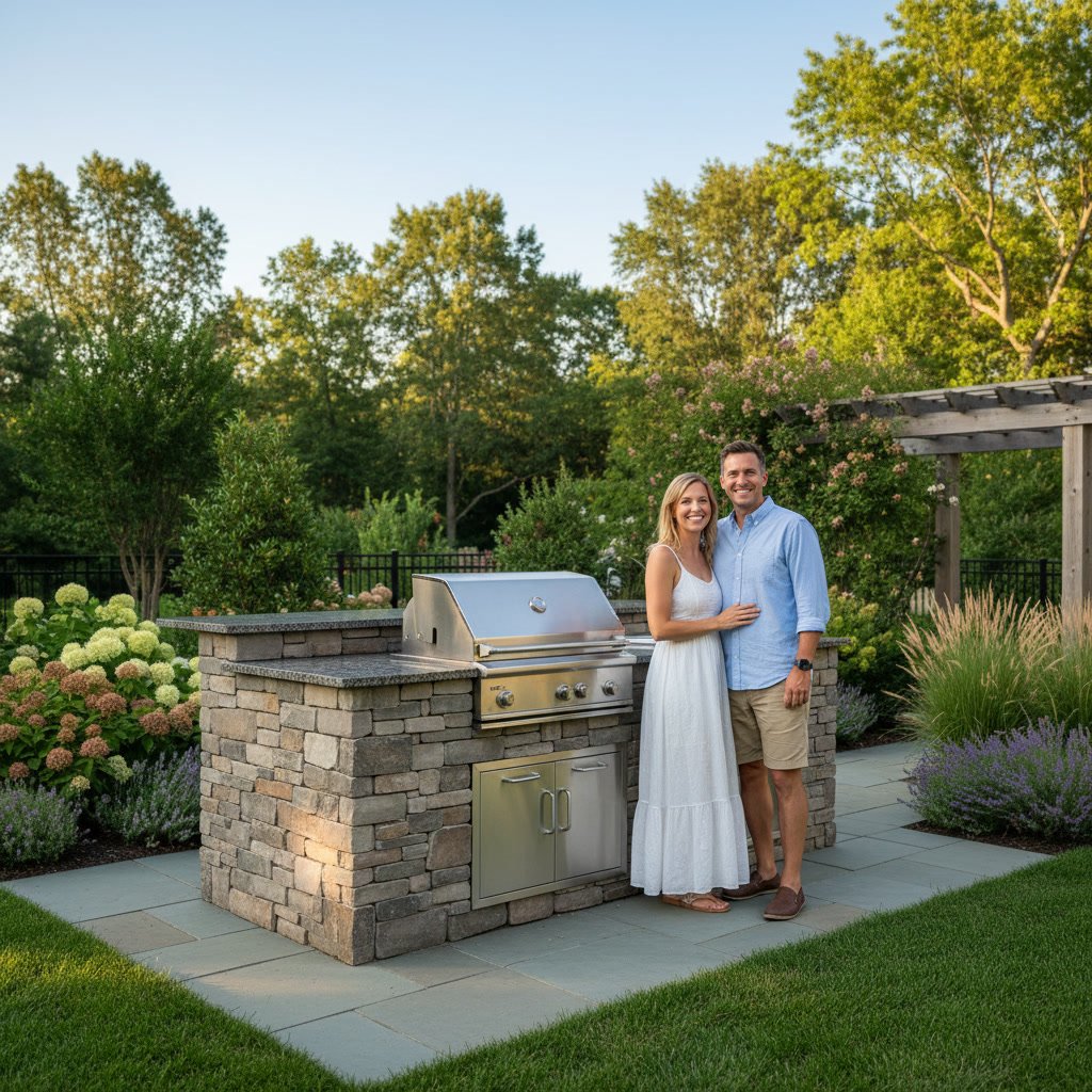 Outdoor kitchen and barrel sauna installation in Milpitas residential backyard