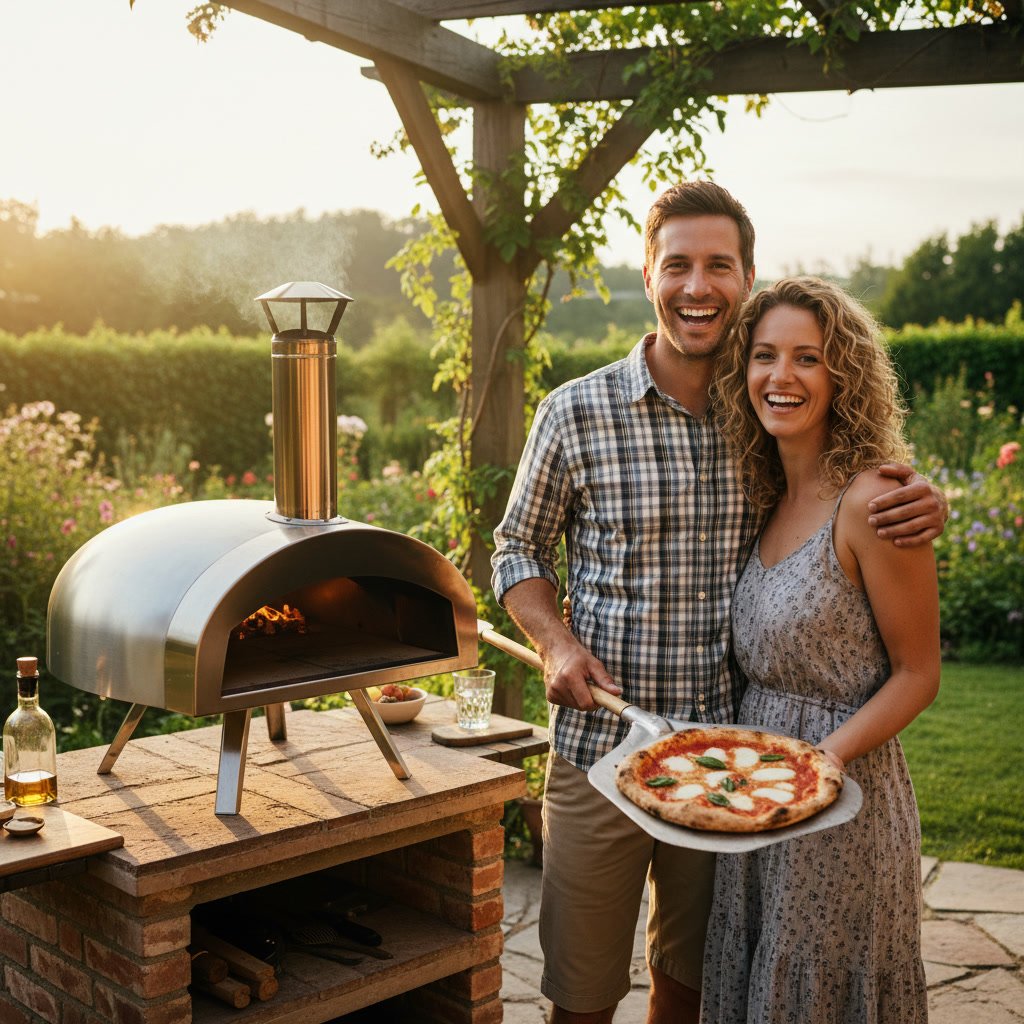 Couple enjoying hot tub and cold plunge in Santa Clara backyard with outdoor kitchen