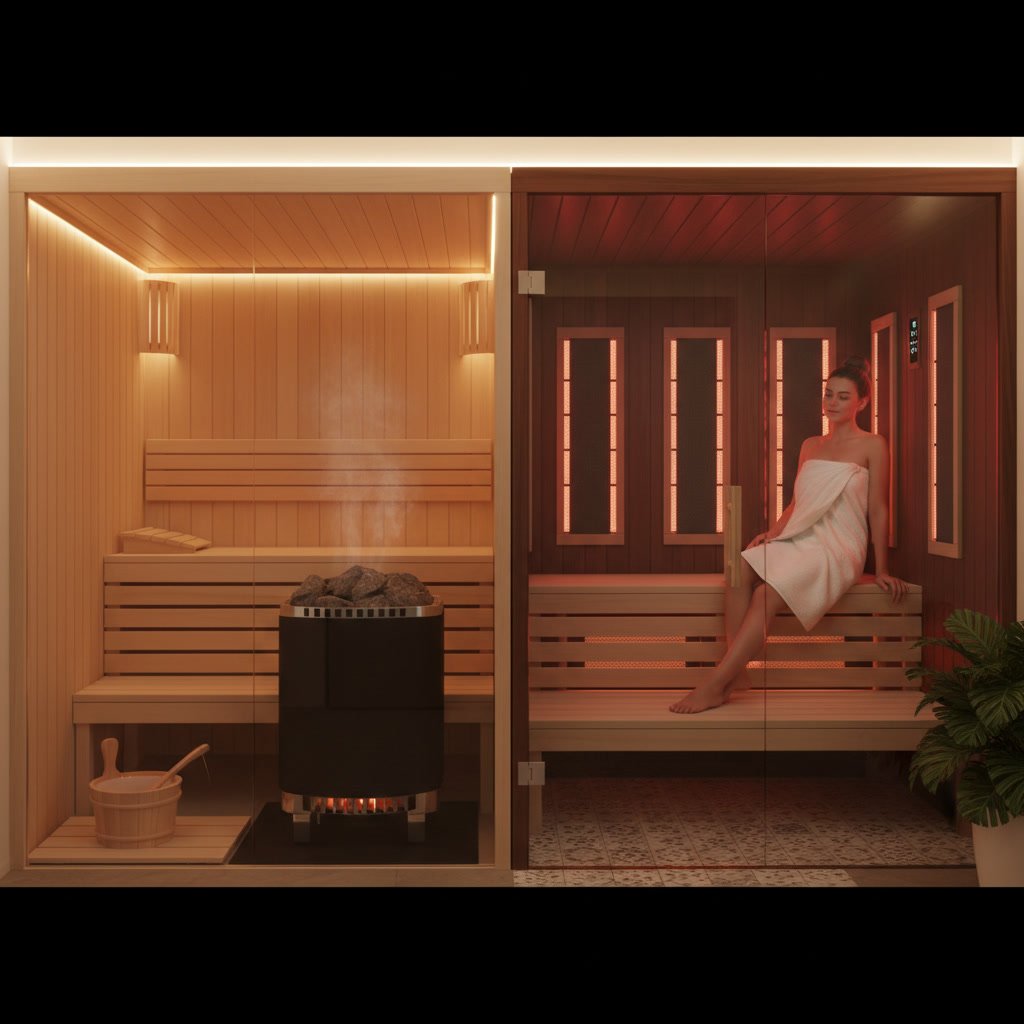 Indoor sauna interior showing wooden benches and heating elements