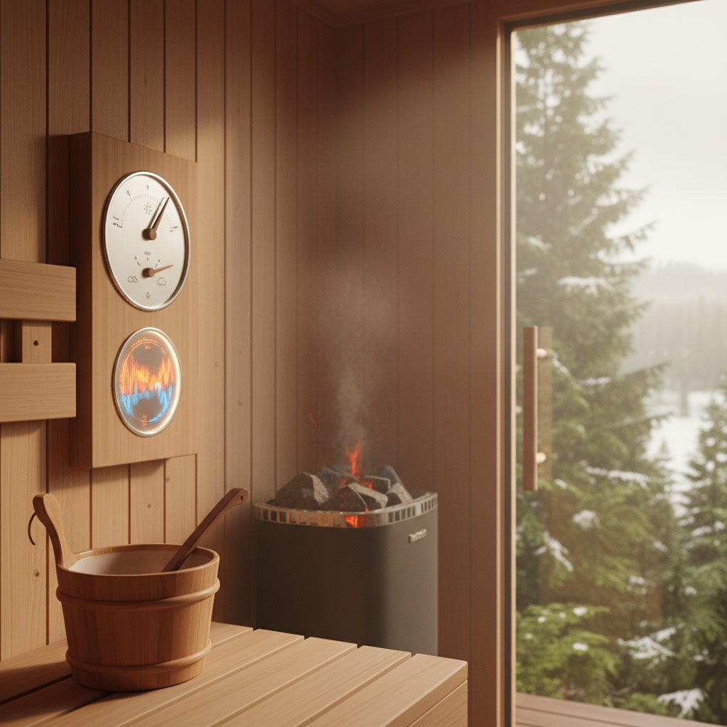 Sauna temperature control panel and timer mounted on wooden wall