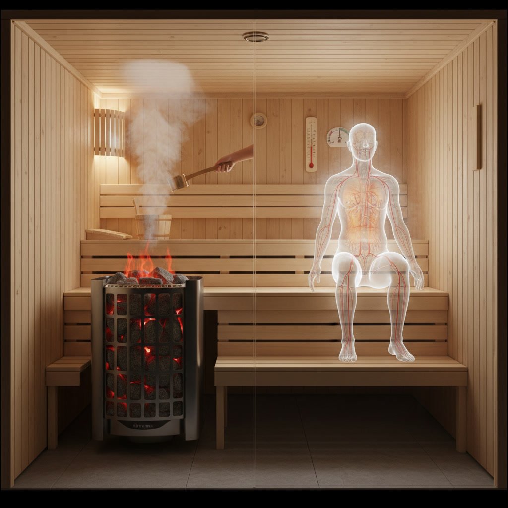 Modern indoor sauna with wooden interior and ambient lighting
